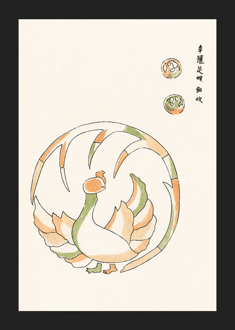 Illustrated rooster in Japanese style with green and orange tones-12