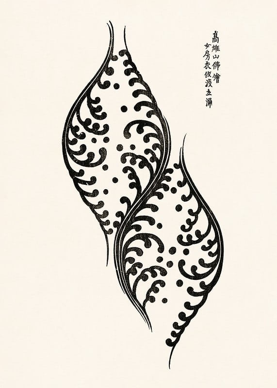 Black and white leaf shapes with ornate patterns, Japanese style-12