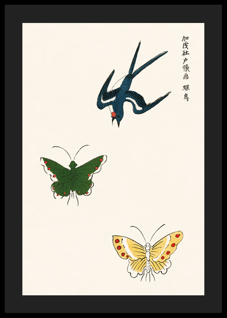 Geïllustreerde zwaluw en twee vlinders tegen een lichte achtergrond-12