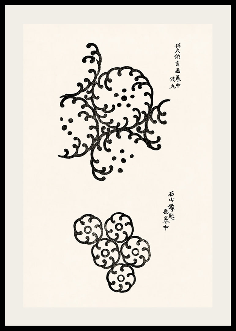 Abstract black patterns in Japanese woodcut style on light background-12