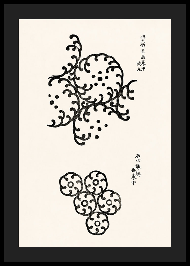 Abstract black patterns in Japanese woodcut style on light background-12