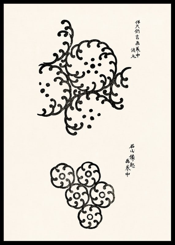 Abstract black patterns in Japanese woodcut style on light background-12