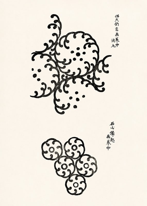 Abstract black patterns in Japanese woodcut style on light background-12