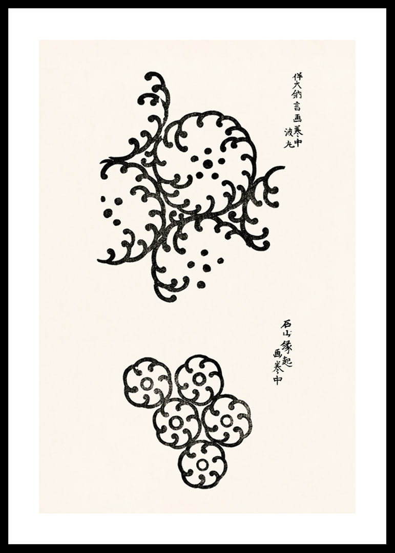 Abstract black patterns in Japanese woodcut style on light background-12
