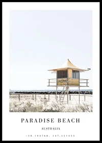Photograph of yellow lifeguard tower on bright beach, Paradise Beach-0