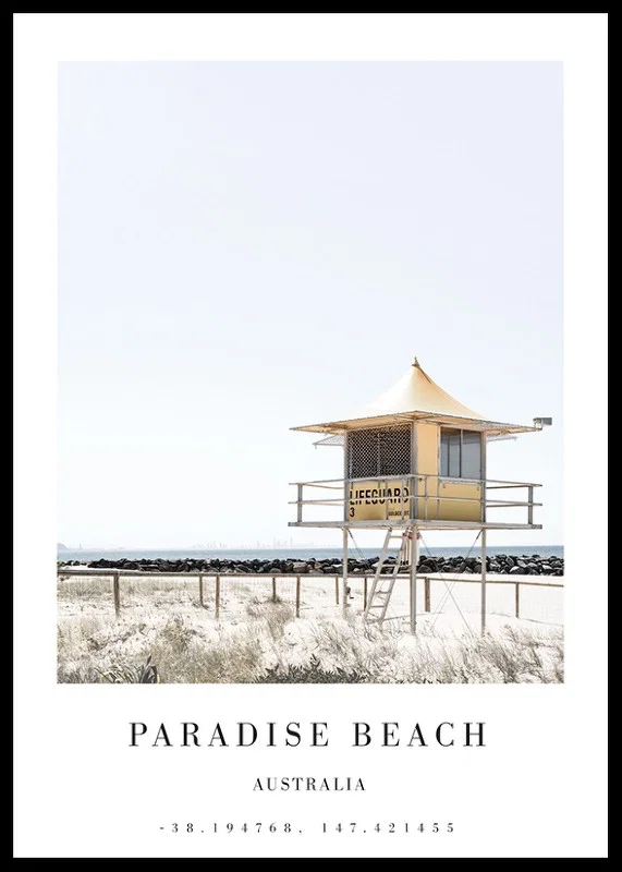 Photograph of yellow lifeguard tower on bright beach, Paradise Beach-12