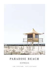 Photograph of yellow lifeguard tower on bright beach, Paradise Beach-1