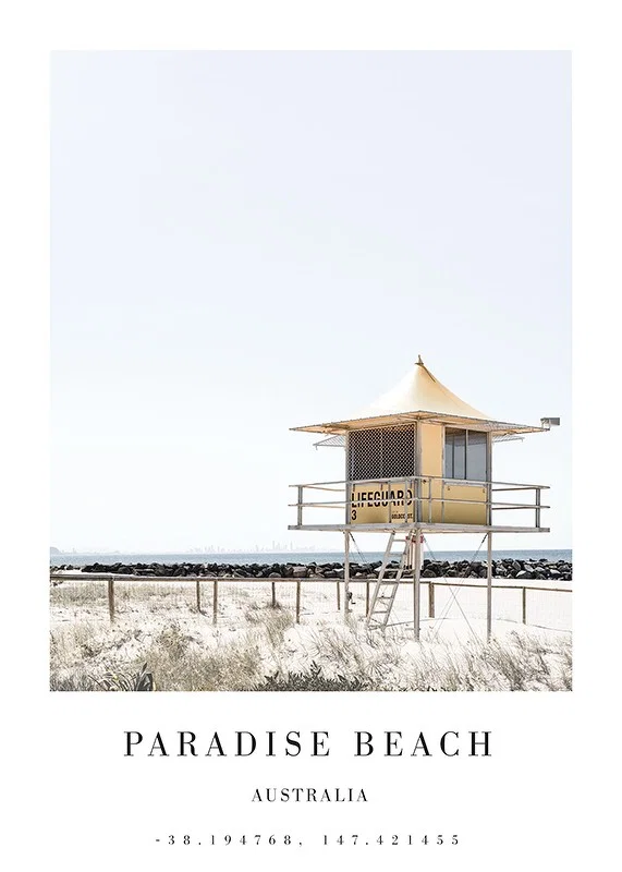 Photograph of yellow lifeguard tower on bright beach, Paradise Beach-12