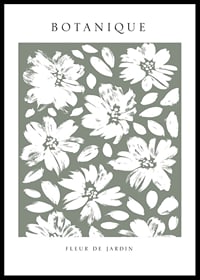 Illustrated white flowers and leaves on a dull green background-0