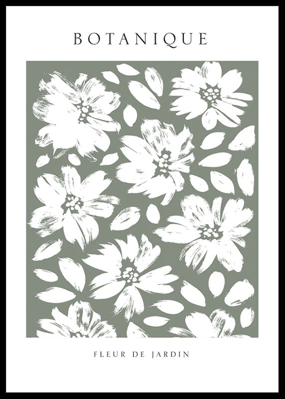 Illustrated white flowers and leaves on a dull green background-12