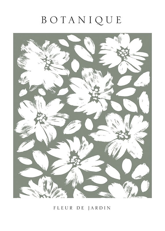 Illustrated white flowers and leaves on a dull green background-12