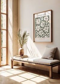 Illustrated white flowers and leaves on a dull green background-2