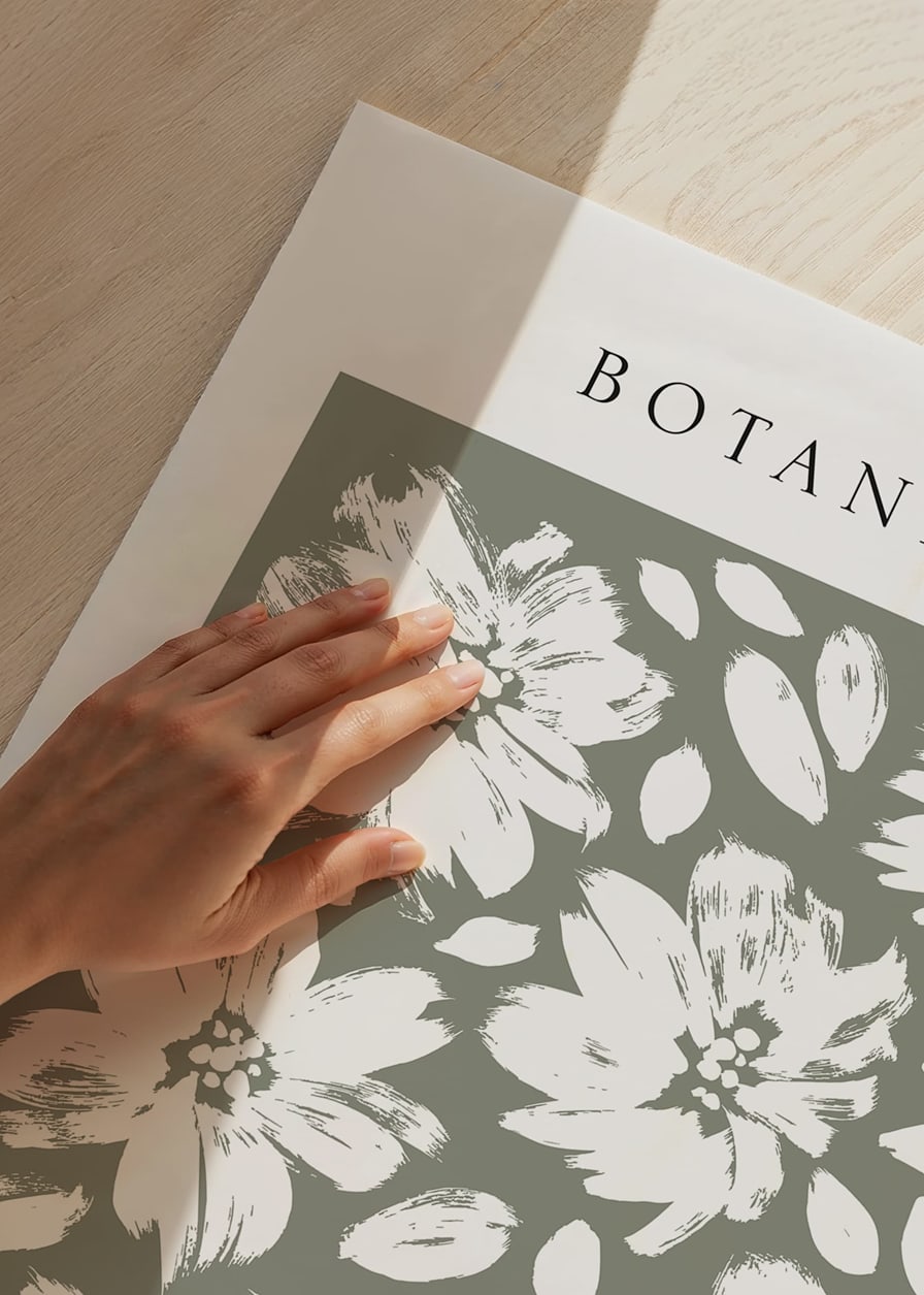 Illustrated white flowers and leaves on a dull green background-12