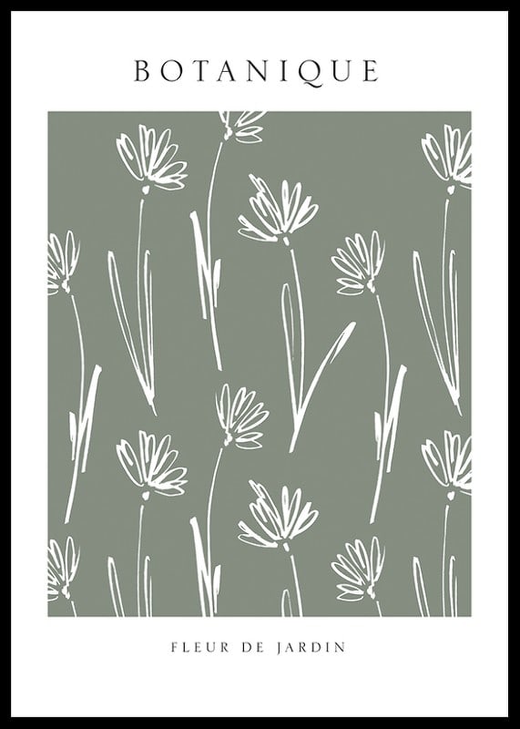 Illustrated white flowers on a muted gray-green background-12