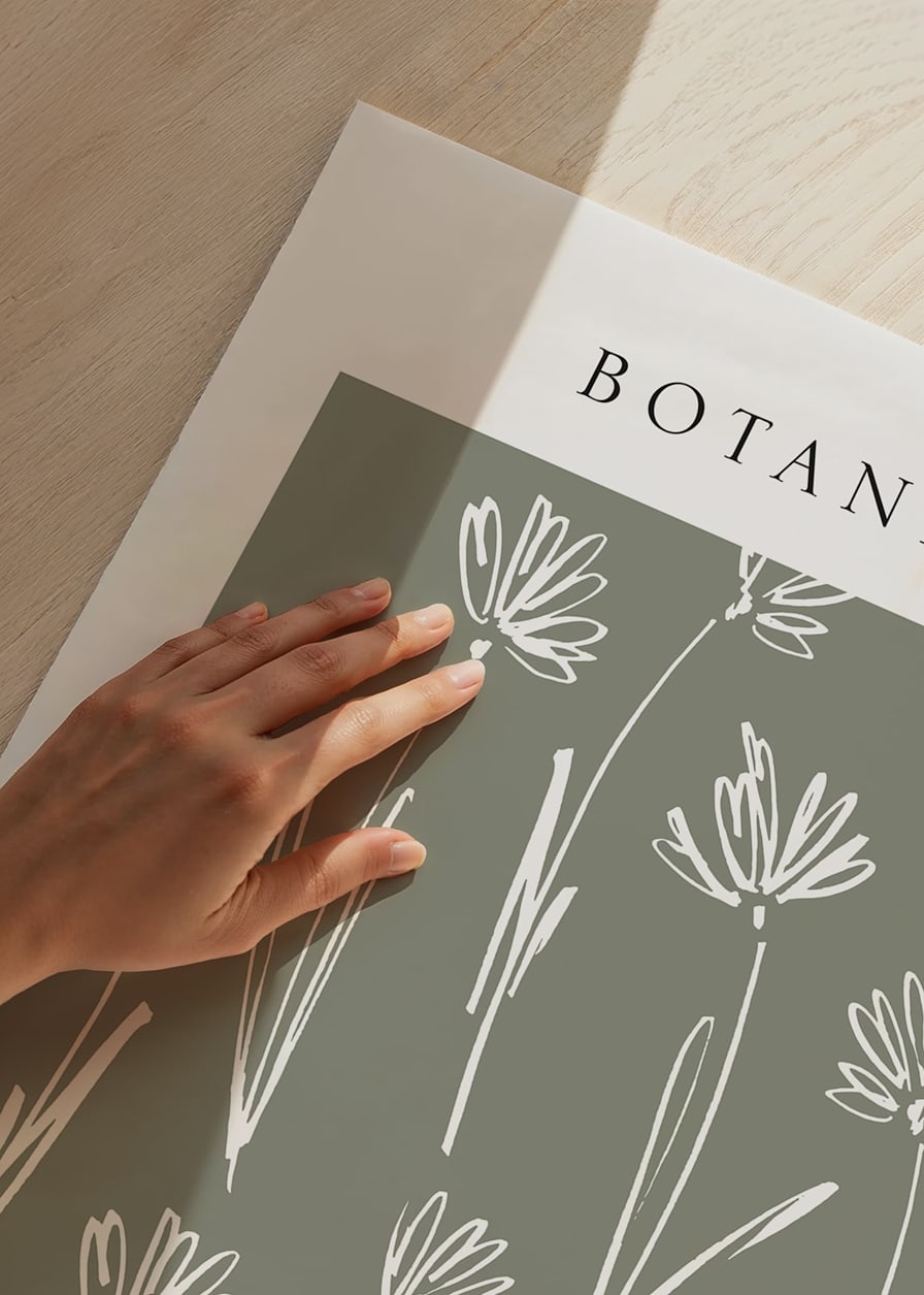 Illustrated white flowers on a muted gray-green background-12