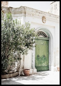 Fotografi av grön dörr i stenbyggnad bland grönska, Malta-6