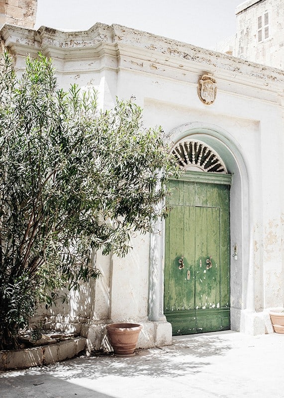 Fotografi av grön dörr i stenbyggnad bland grönska, Malta-12