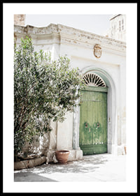 Fotografi av grön dörr i stenbyggnad bland grönska, Malta-0