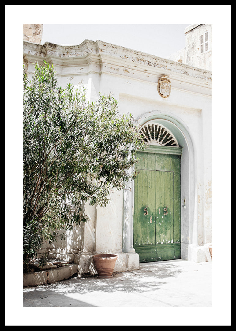 Fotografi av grön dörr i stenbyggnad bland grönska, Malta-12