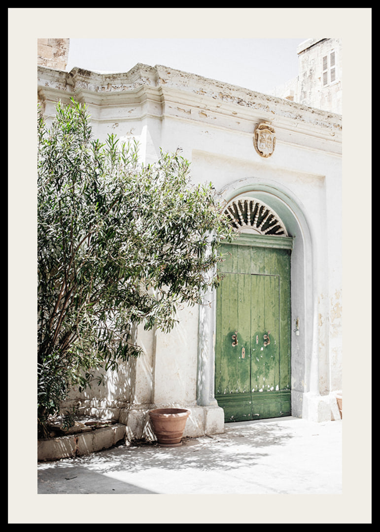 Fotografi av grön dörr i stenbyggnad bland grönska, Malta-12