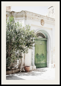 Photograph of green door in stone building among greenery, Malta-2