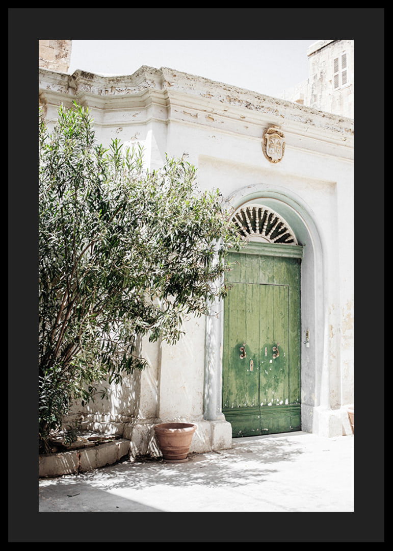 Fotografi av grön dörr i stenbyggnad bland grönska, Malta-12