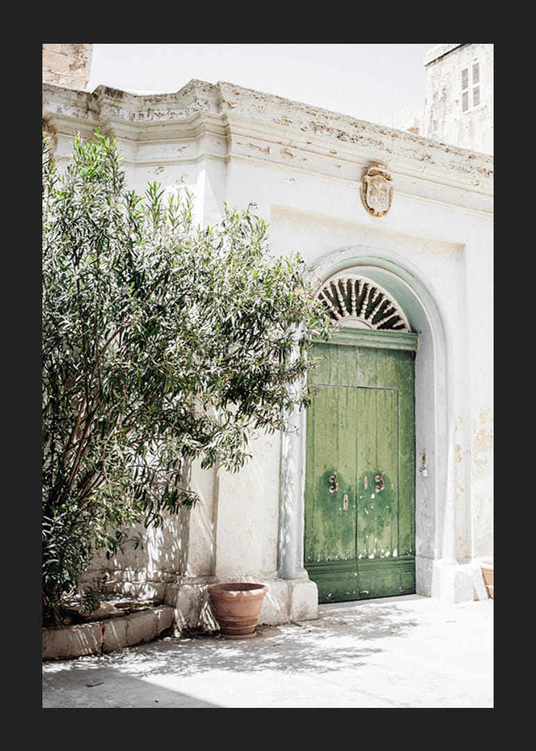Photograph of green door in stone building among greenery, Malta-12