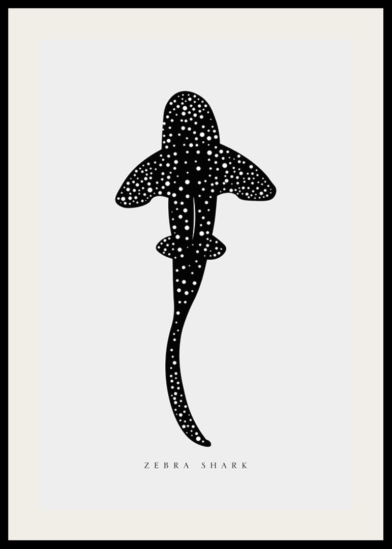 Grafisk illustrasjon av sebrahai i svart med hvite prikker-12
