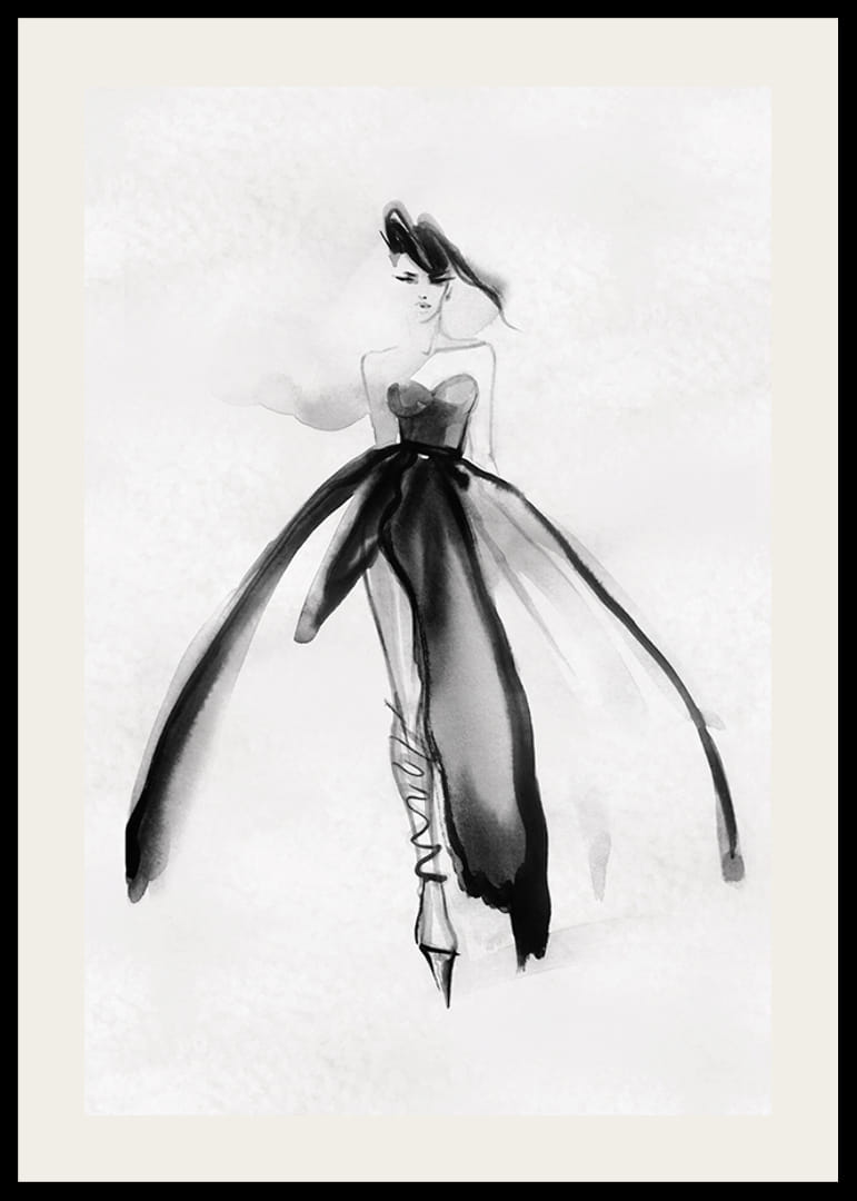 Hosszú fekete ruhás nő akvarell illusztrációja-12