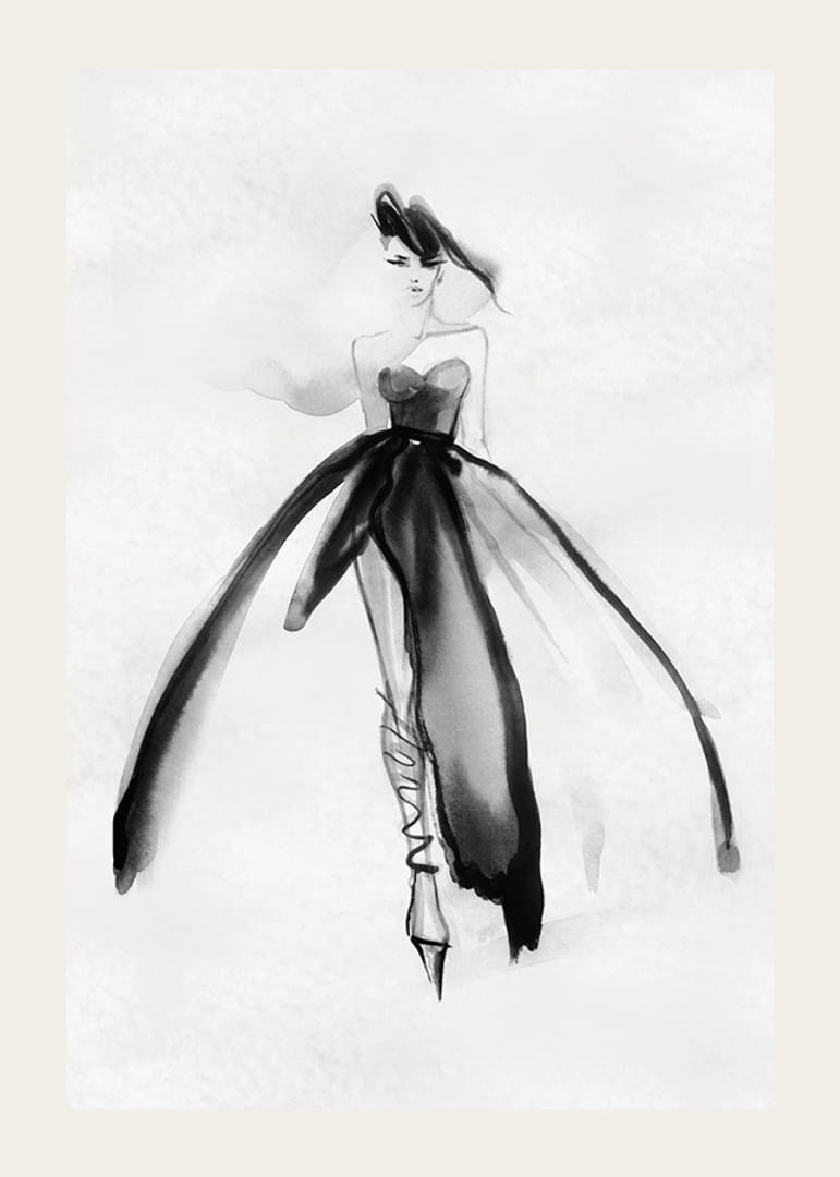 Hosszú fekete ruhás nő akvarell illusztrációja-12