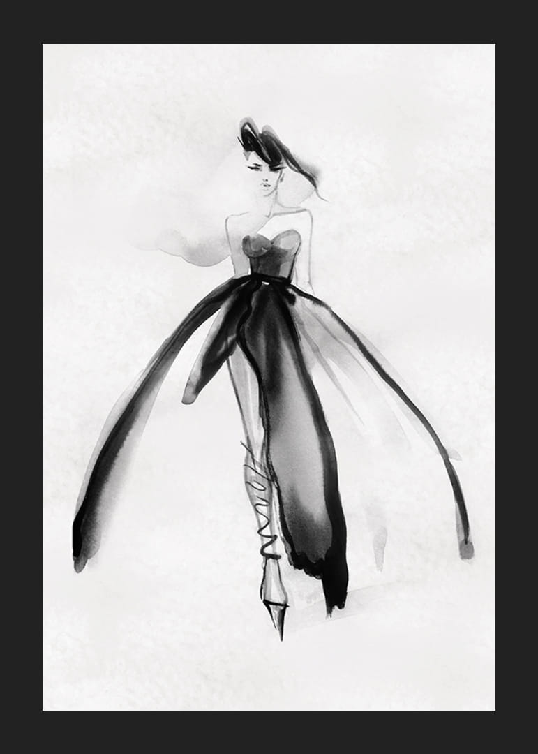 Hosszú fekete ruhás nő akvarell illusztrációja-12