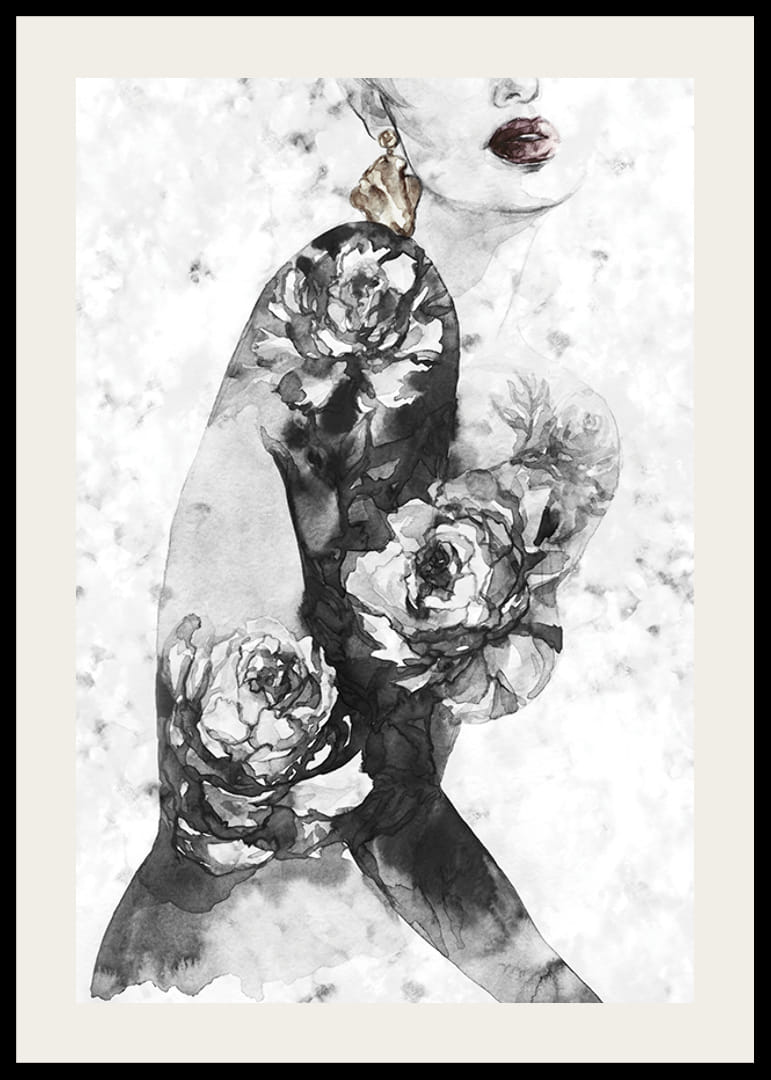 Akvarellillustration av kvinnotorso med stora blommor-12