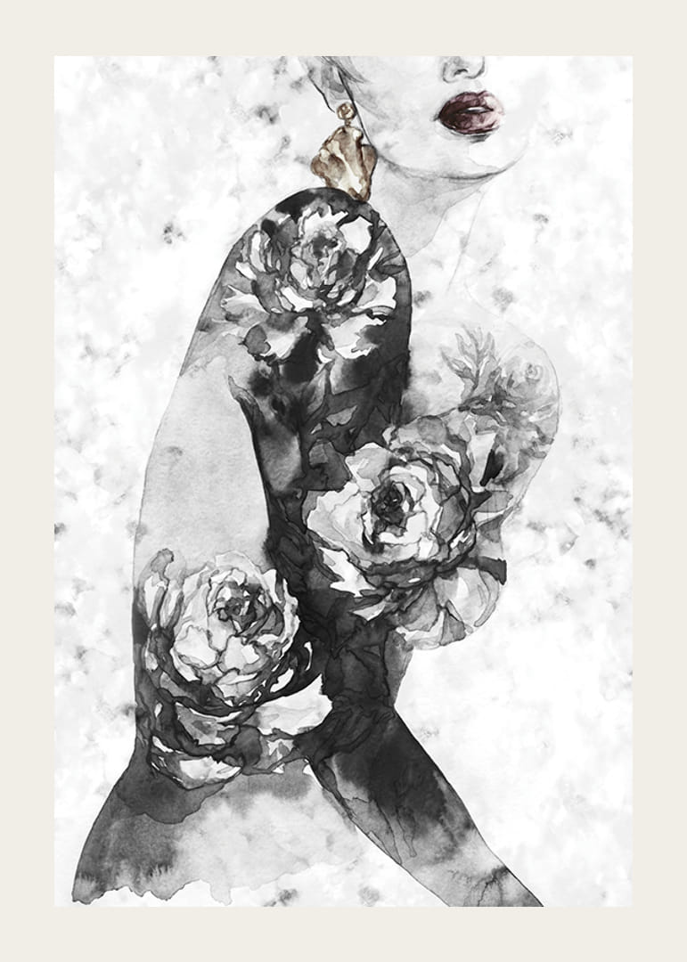 Akvarellillustration av kvinnotorso med stora blommor-12