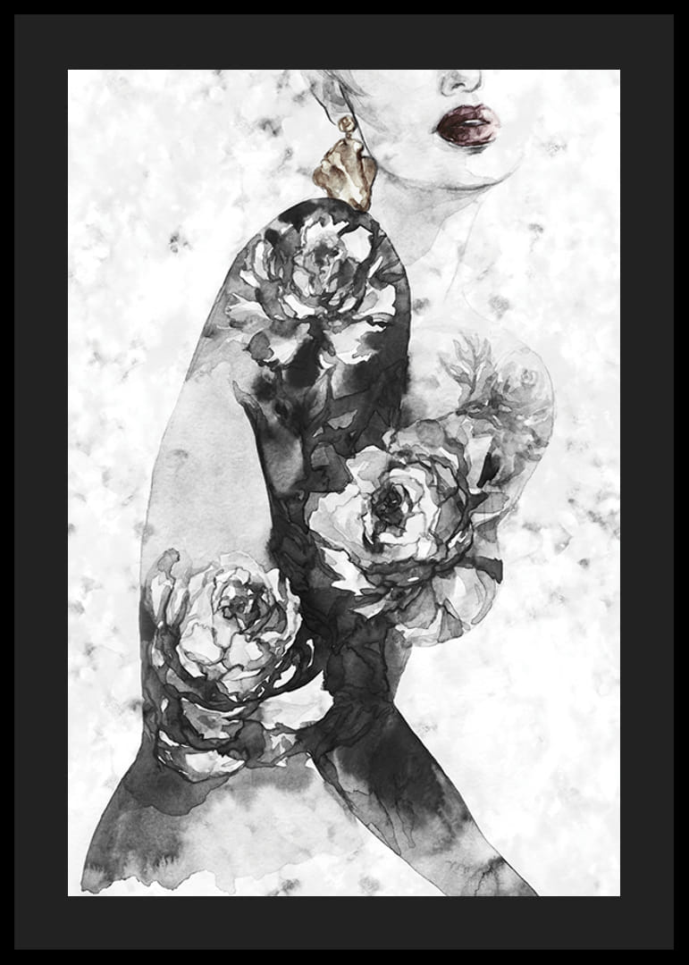 Akvarellillustration av kvinnotorso med stora blommor-12