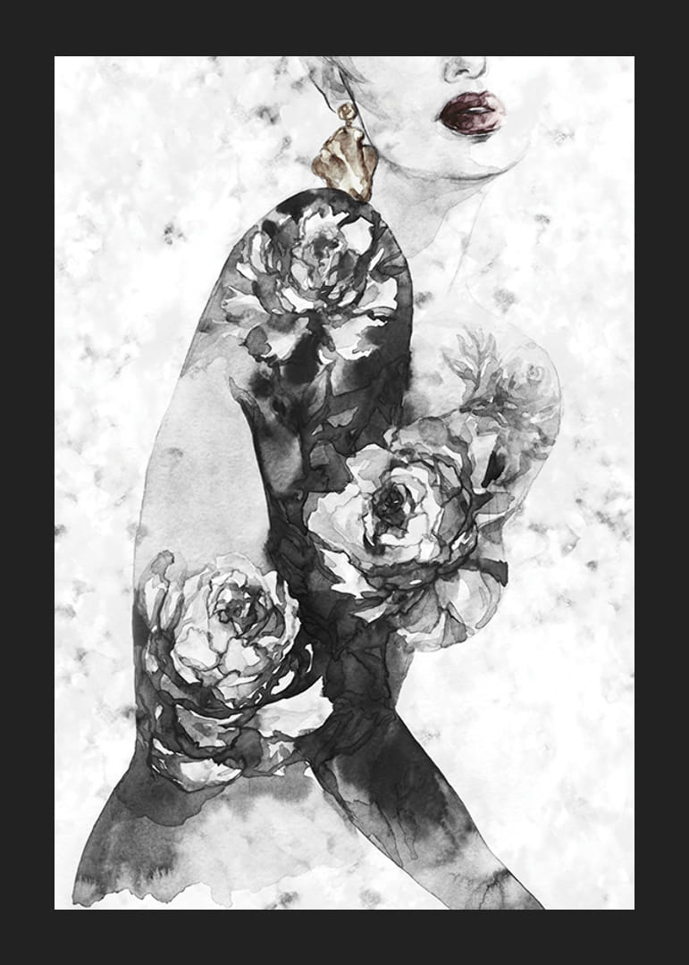 Akvarellillustration av kvinnotorso med stora blommor-12