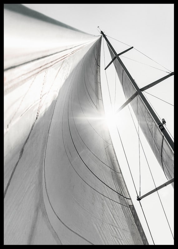Black and white close-up of sailboat mast and sail in backlight-12