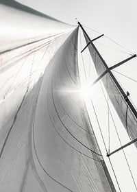 Black and white close-up of sailboat mast and sail in backlight-7