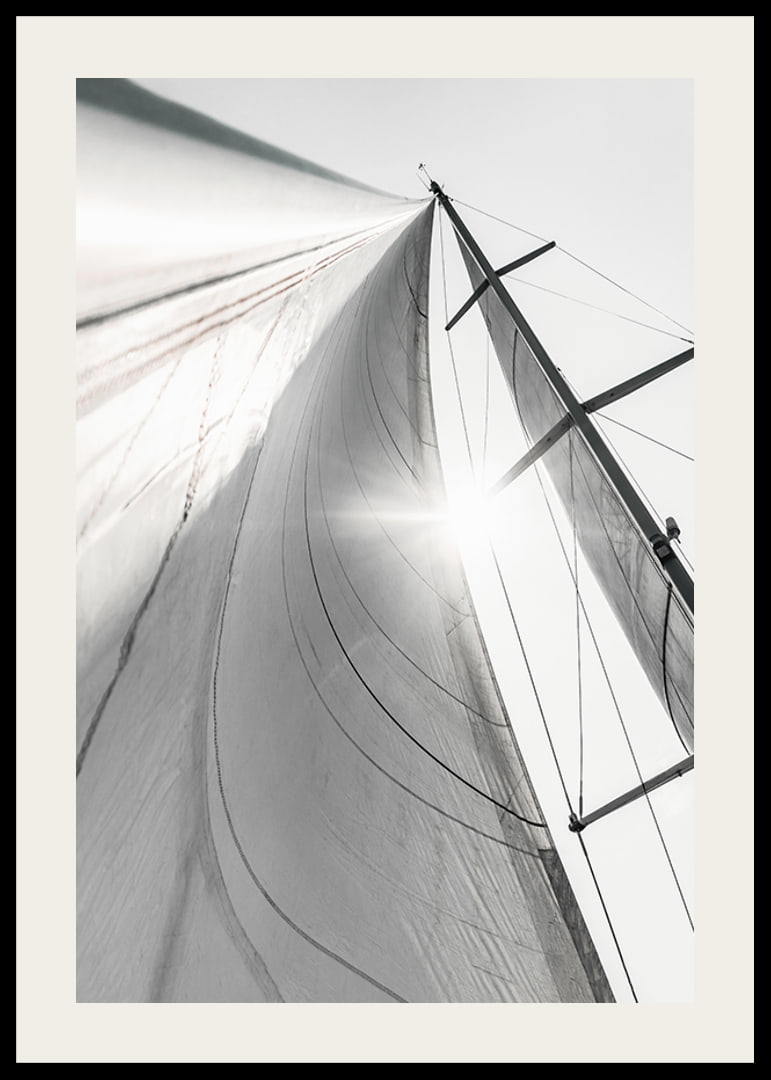 Black and white close-up of sailboat mast and sail in backlight-12