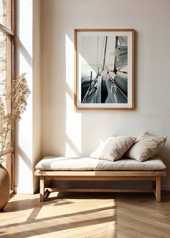 Photograph of sailboat deck with white sails and calm sea-12