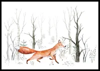 Akvarellillustration av räv som går bland ljusa björkstammar-0