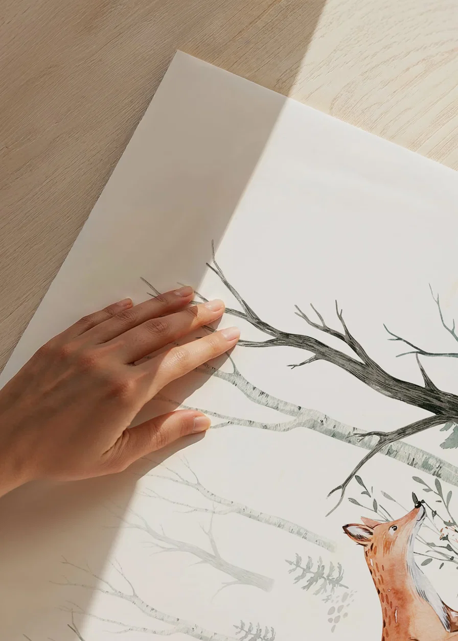 Akvarellillustration av räv som går bland ljusa björkstammar-12