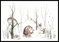 Watercolor illustration of forest animals among bright trees-0