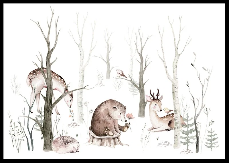 Watercolor illustration of forest animals among bright trees-12