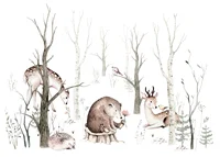 Watercolor illustration of forest animals among bright trees-1