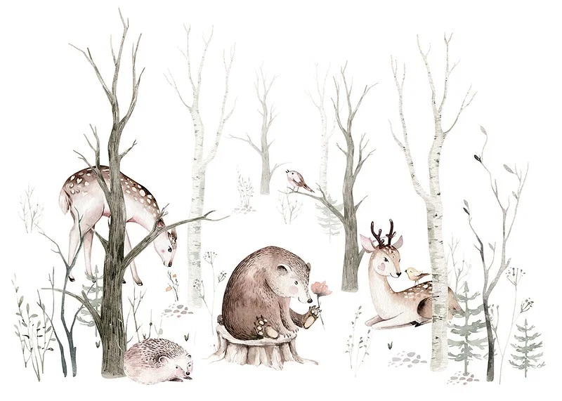 Watercolor illustration of forest animals among bright trees-12