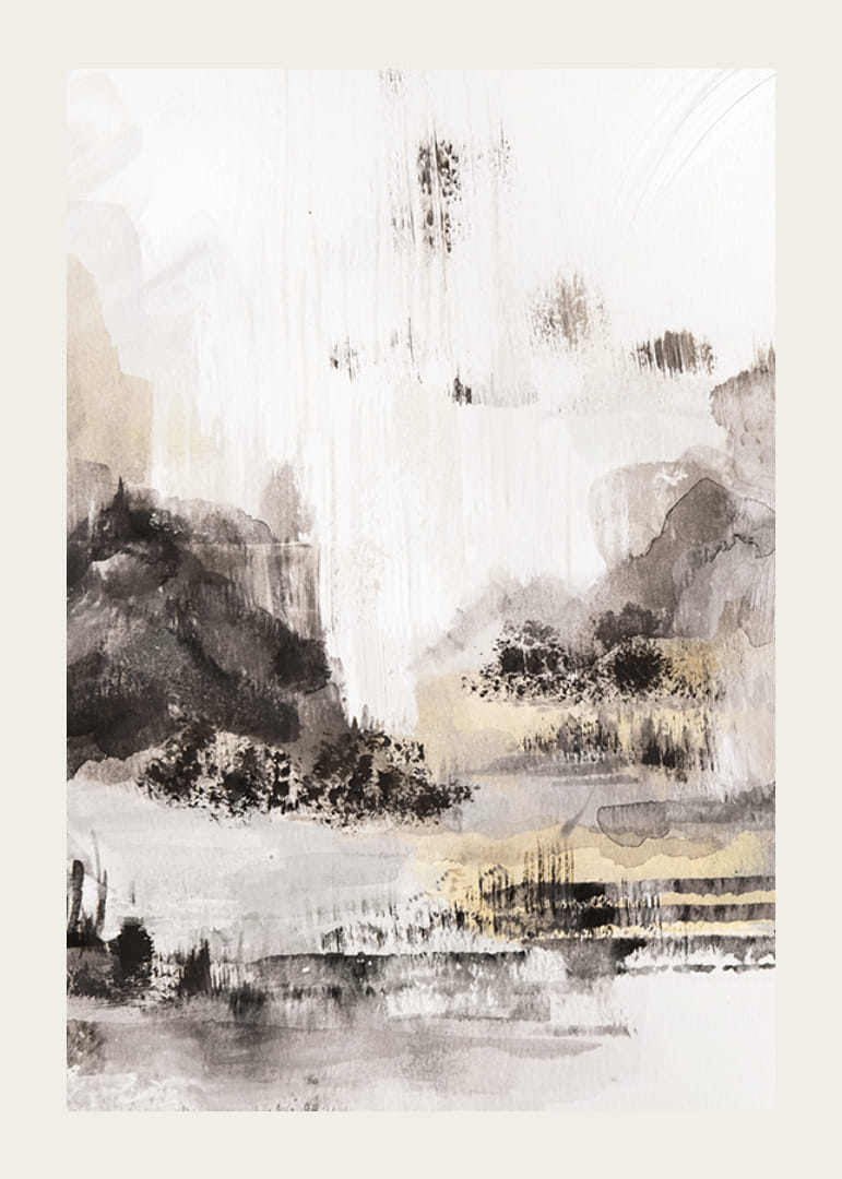 Abstrakt landskapsmotiv i svart, grått og beige akvarell-12