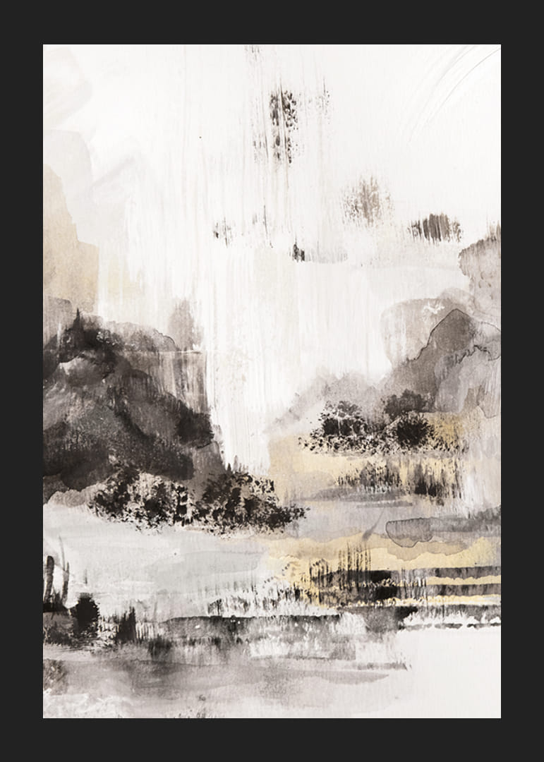 Abstrakt landskapsmotiv i svart, grått og beige akvarell-12