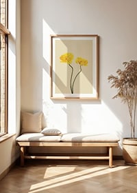 Two yellow tulips with long stems against beige background-8