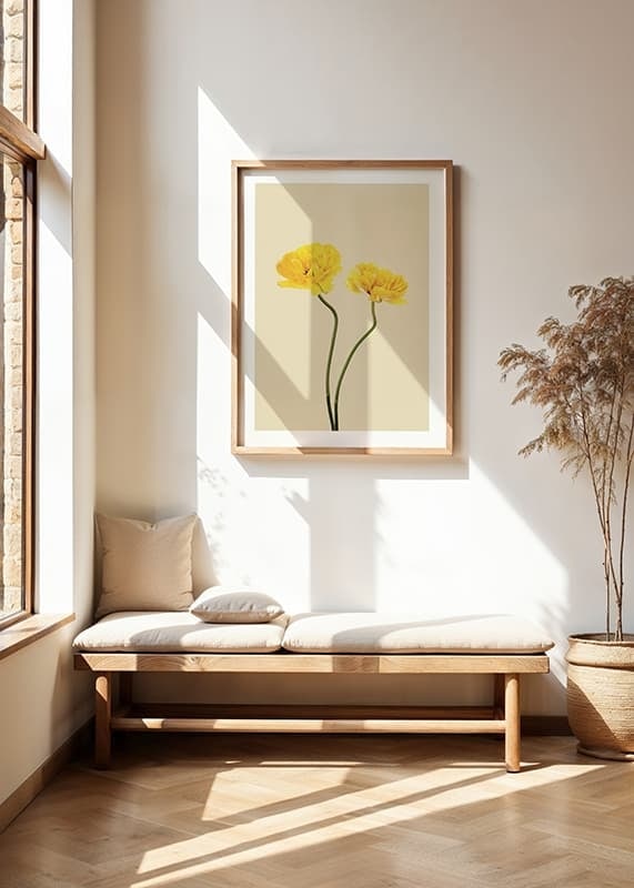 Two yellow tulips with long stems against beige background-12