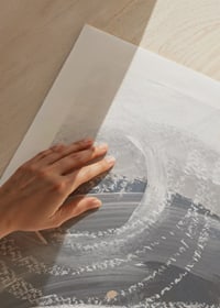 Abstract painting with curved brush strokes in gray and beige-3